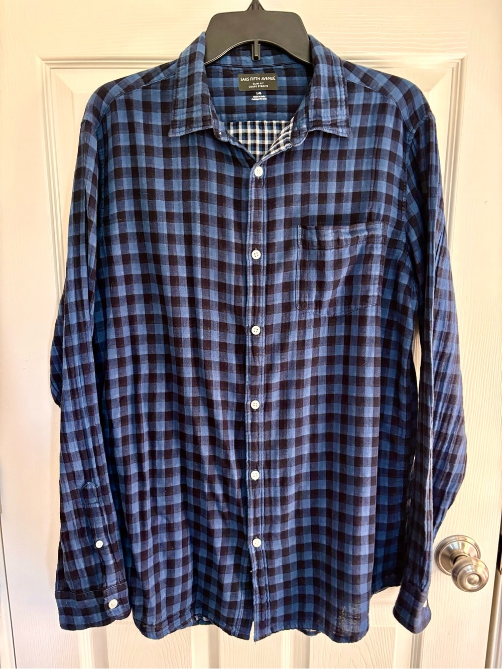 SAKS FIFTH AVENUE : Men's Blue Black Plaid Cotton Button Down Shirt Size L